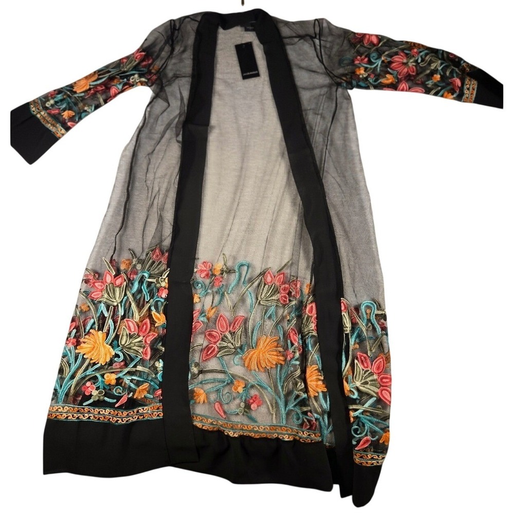 Liv Los Angeles Black Mesh Floral Embroidered Duster Cardigan Style 088D NWT‎ L
